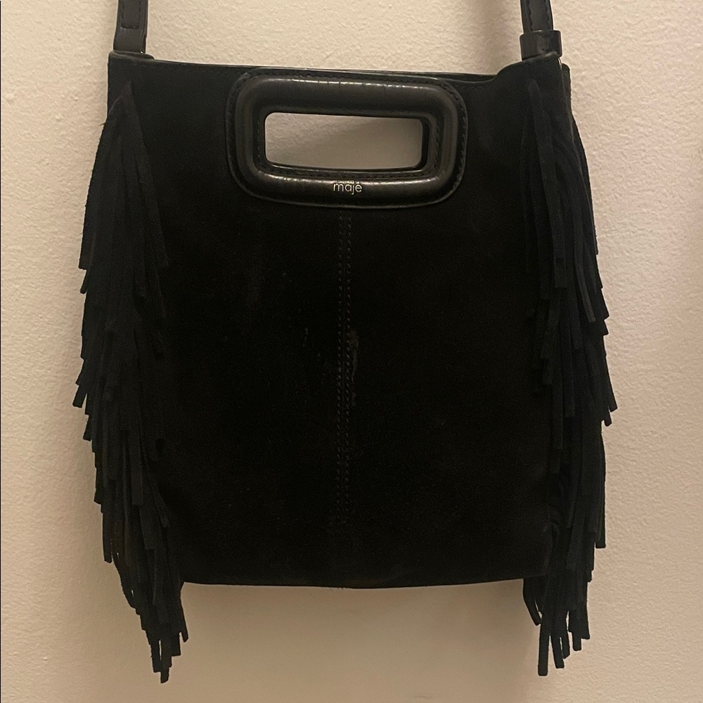 Maje Elegant Black Suede Fringe Shoulder Bag